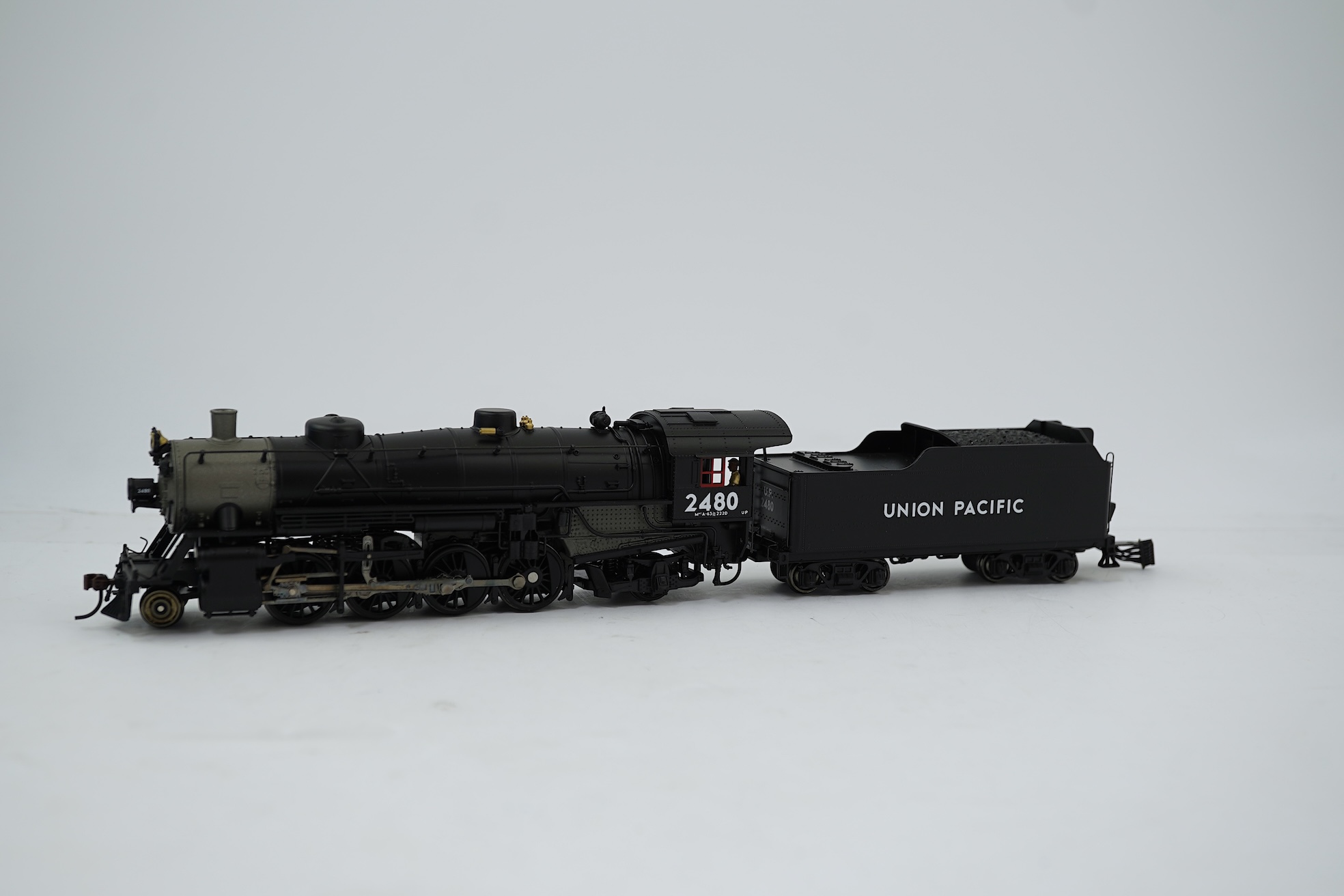 A boxed HO gauge Broadway Limited Blue Line (5173) model of Union Pacific USRA Light Mikado, 2480, 2-8-2 locomotive with bogie tender, powered for two rail operation.